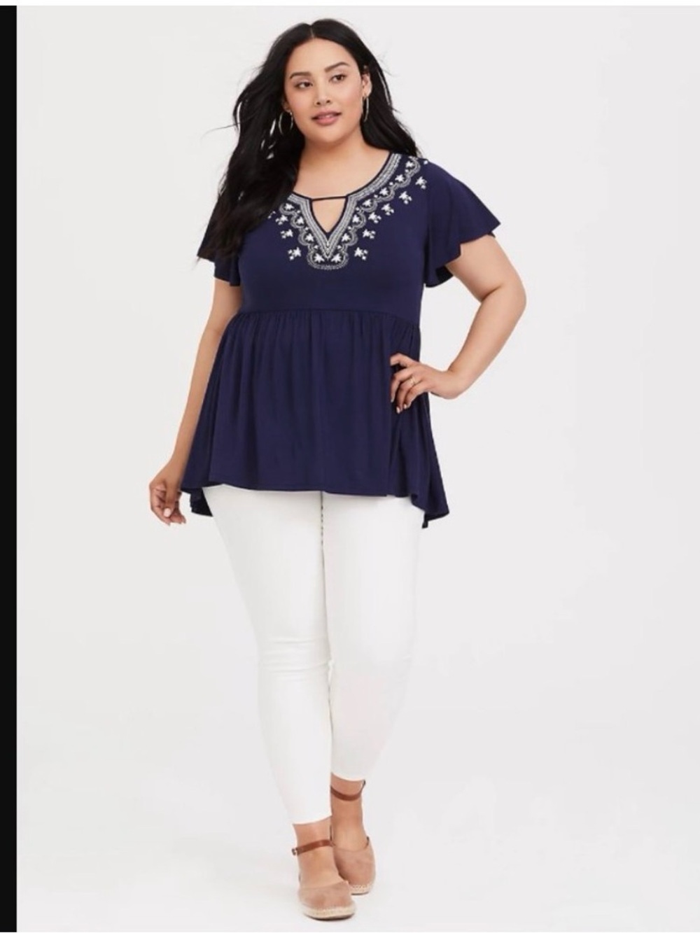 Torrid Super Soft Embroidered Babydoll Top Navy Flutter Sleeve Size 1 (1X)